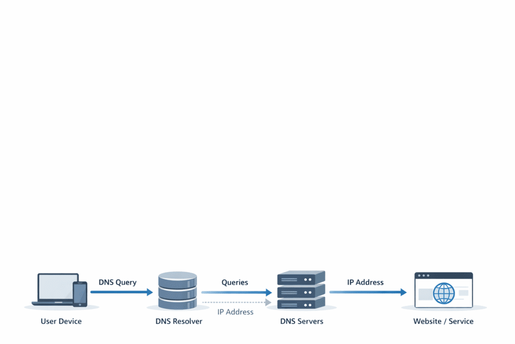 “Conceptual diagram showing how DNS requests flow from a user device to DNS resolvers and servers before connecting to an online service.”