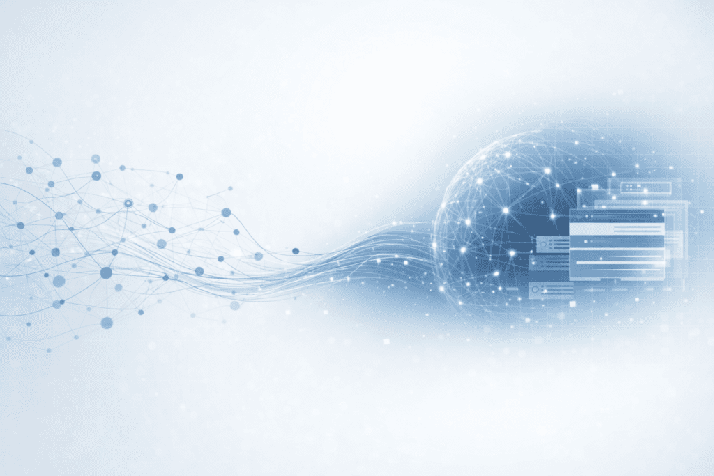 Conceptual illustration showing abstract DNS data signals evolving into structured intelligence across an internet network