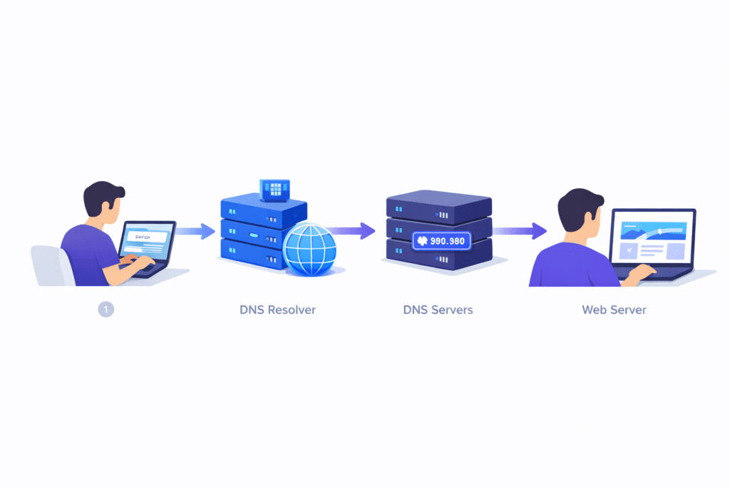 Step-by-step infographic showing the DNS lookup process