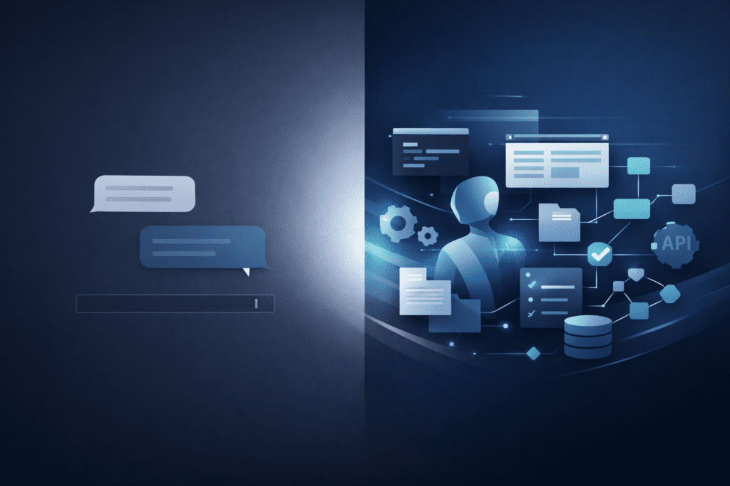 Illustration of chat-based AI evolving into autonomous action-oriented A