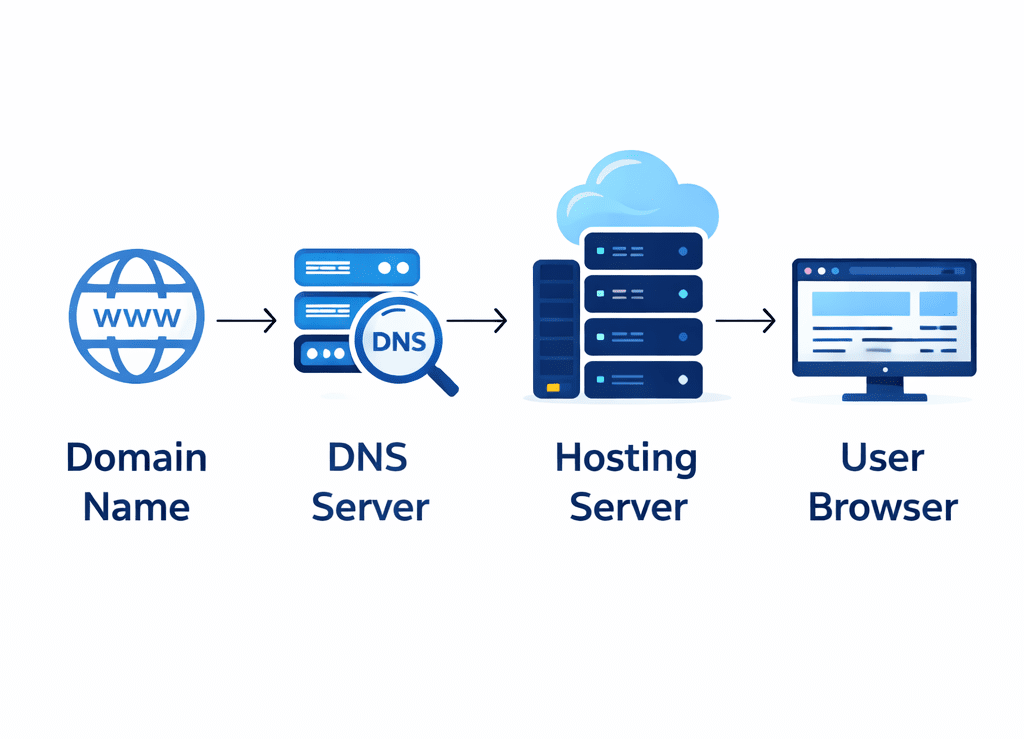 Domain to DNS to hosting server to user browser diagram
