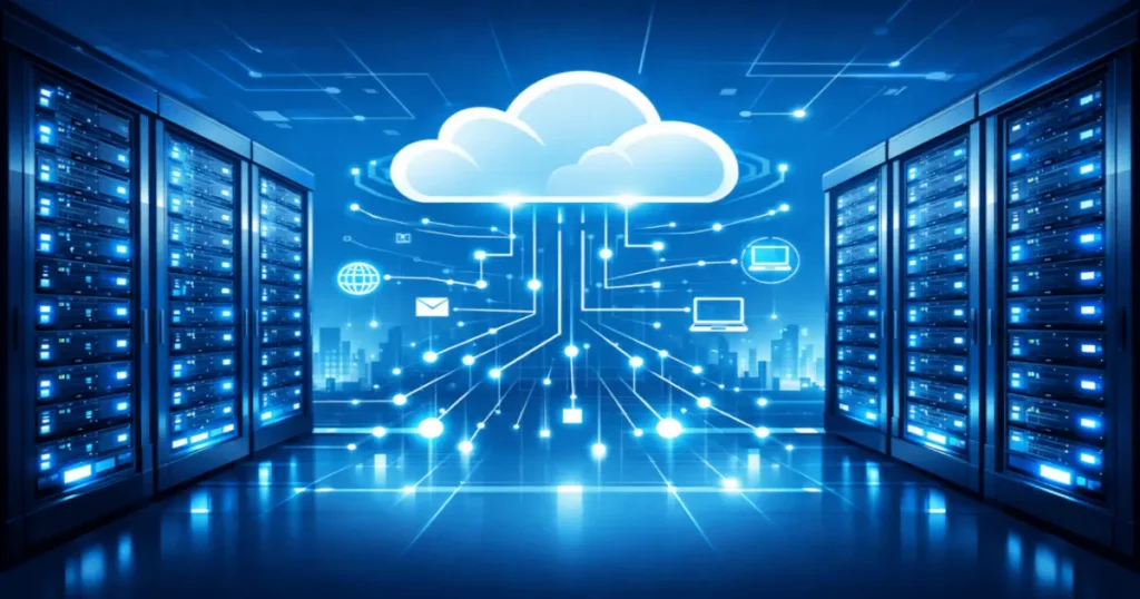 Data center servers connected to cloud hosting network