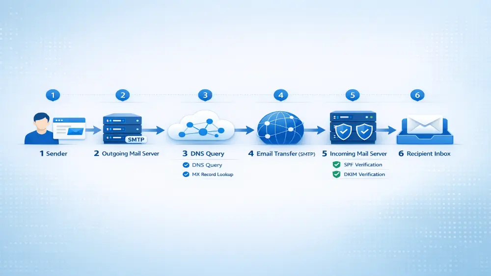Step-by-step diagram showing how email travels across the internet