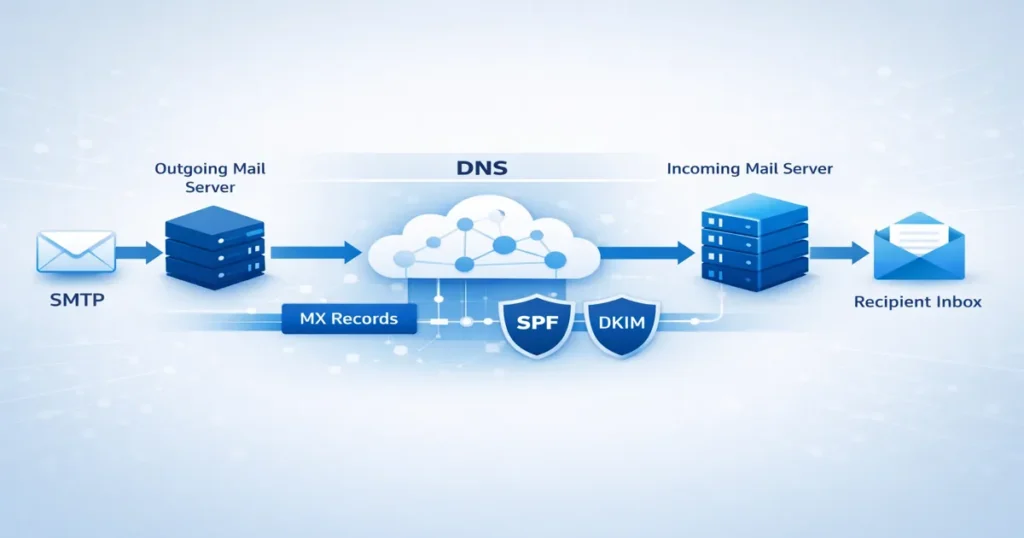 Email infrastructure diagram showing how email flows from sender to recipient