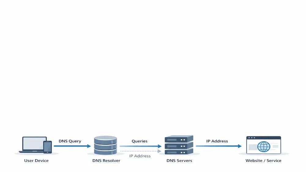 “Conceptual diagram showing how DNS requests flow from a user device to DNS resolvers and servers before connecting to an online service.”
