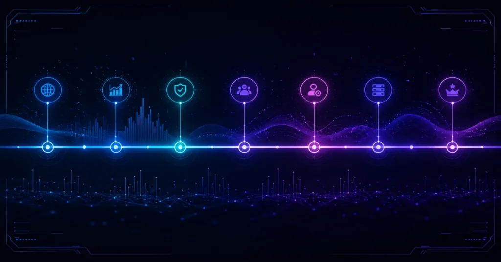 Visualization of domain age as a timeline showing behavior patterns, trust signals, and historical data over time